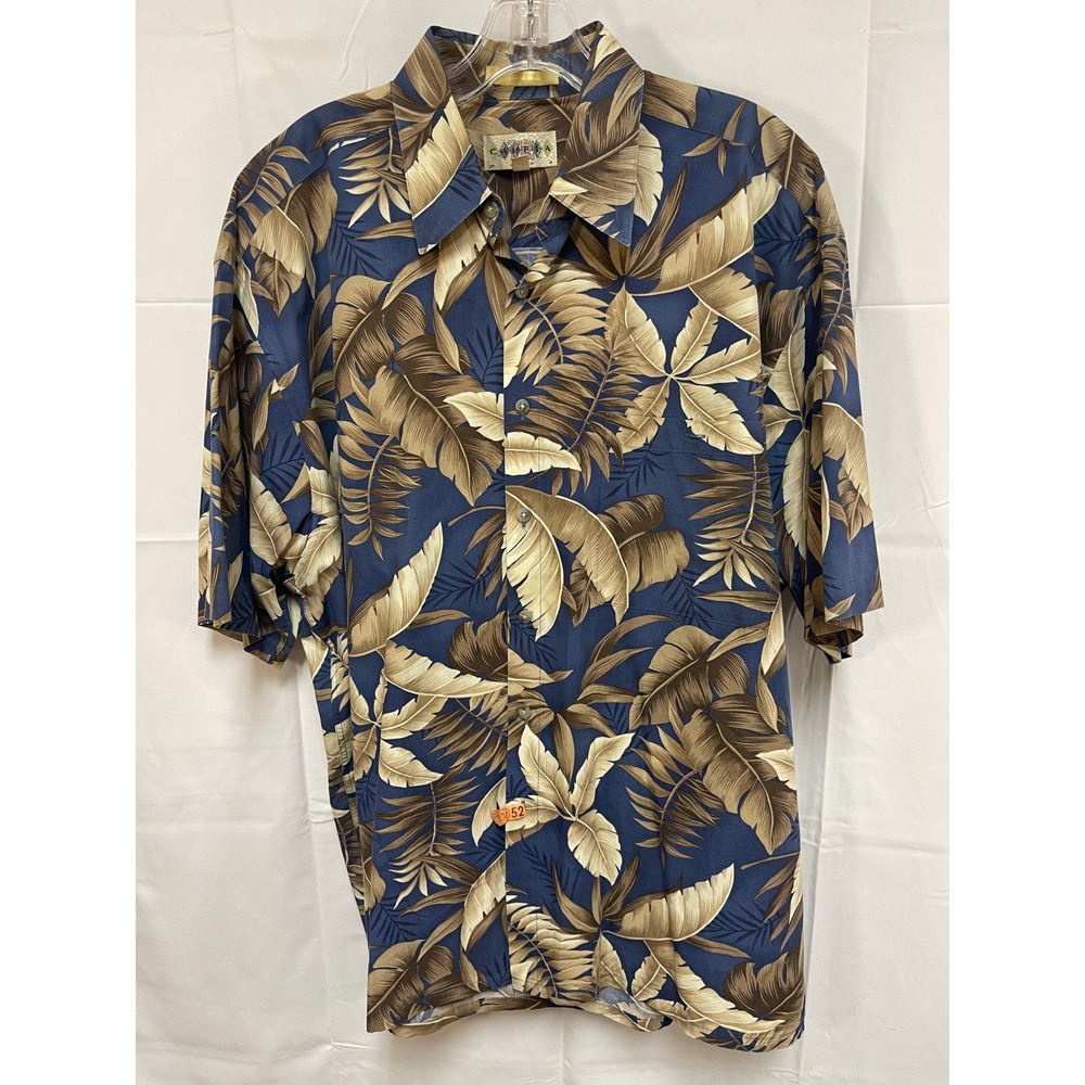 Campia Moda Mens XL Blue Tropical Leaf Print Cotton Short Sleeve Hawaiian Shirt